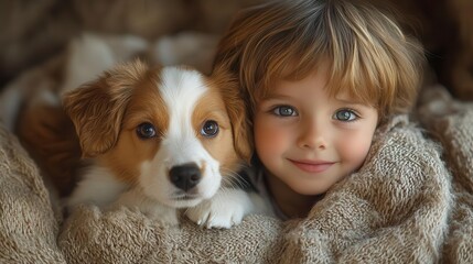 little boy snuggled with a puppy on a soft blanket radiating warmth and happiness both gazing at the viewer with wide eyes encapsulating the innocence and joy of childhood companionship