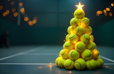 Christmas tree made of tennis balls standing on tennis court.