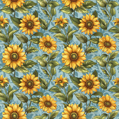 Wall Mural - Sunflowers on Blue Background With Green Leaves