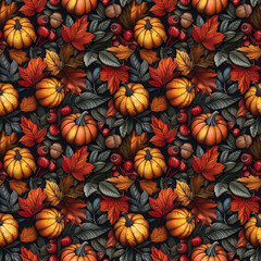 Poster - Pumpkin and Leaf Pattern on White Background