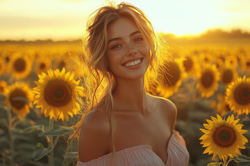 Sticker - A woman wearing a soft pink dress, standing in a field of sunflowers and smiling at the golden sunset.