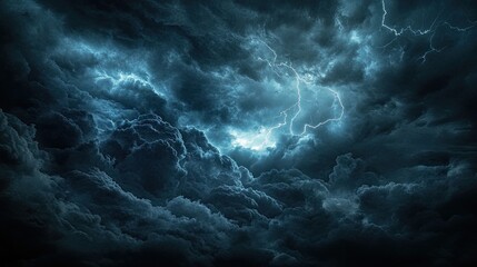 Wall Mural - a dramatic scene of dark storm clouds illuminated by bright lightning strikes, creating a striking c