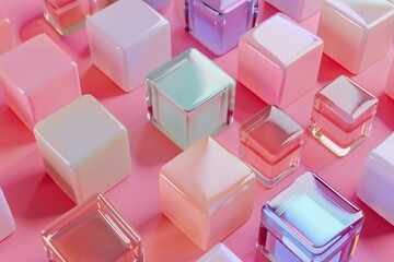 Rows of shiny pastel pink cubes of different opacity are forming an abstract geometric pattern