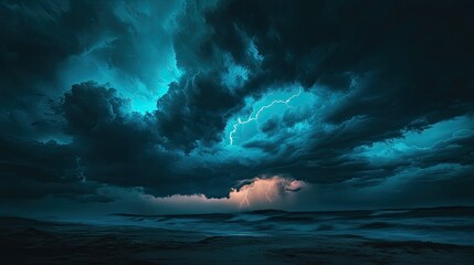 Wall Mural - a landscape silhouette beneath a dark sky filled with swirling clouds and lightning, capturing the r