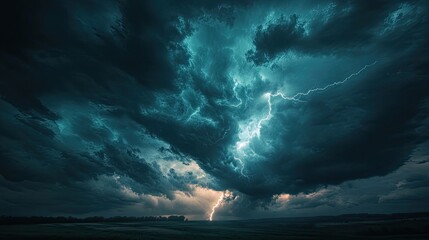 Wall Mural - a landscape silhouette beneath a dark sky filled with swirling clouds and lightning, capturing the r