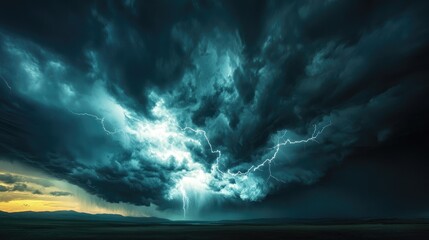 Wall Mural - a landscape silhouette beneath a dark sky filled with swirling clouds and lightning, capturing the r