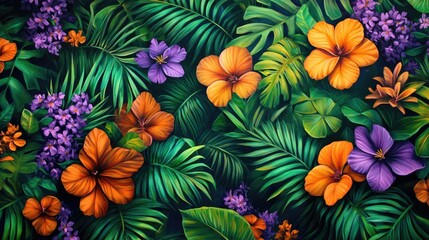 A vibrant tropical foliage scene with green leaves, orange flowers, and purple accents, forming a lively and colorful natural backdrop.