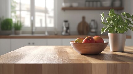 A close-up image of a wooden kitchen island with a bowl of apple, a decor plant, and a copy space in a modern bright and clean kitchen. 3d render, generative ai