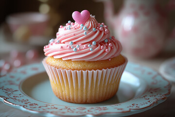 Sticker - A sweet cupcake topped with pastel-colored frosting and a small sugar heart, placed on a delicate plate.