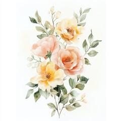 Wall Mural - a watercolor illustration of soft peach and yellow roses with green leaves.