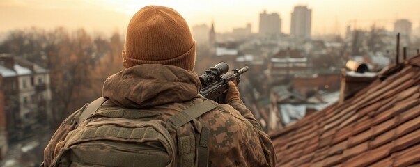 Soldier on Rooftop, City Skyline, War Photography, Conflict Zone, Urban Warfare, Military Operations, Sniper, Armed Forces, Military Combat, Battlefield, Combat Photography, Soldier Silhouette