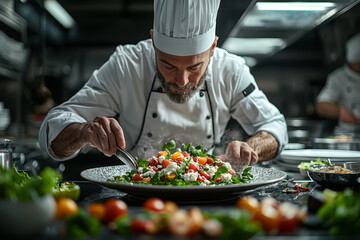 Wall Mural - A professional chef in a modern restaurant kitchen, preparing a gourmet dish with fresh ingredients.