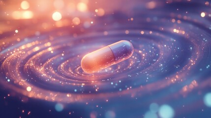 Poster - A single pill rests on the surface of a glowing, abstract liquid. The pill is suspended in the middle of a swirling, concentric pattern of light. The liquid is filled with small, glowing particles