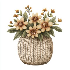 Wall Mural - A woven basket filled with yellow flowers and green leaves, creating a decorative floral arrangement.