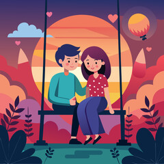 Two lovers sitting on a swing at sunset flat cartoon illustration on a white background 