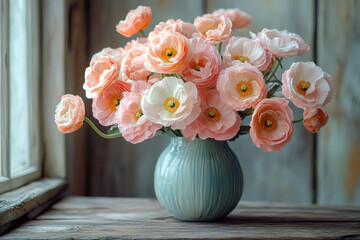 Poster - A bouquet of pastel-colored flowers arranged in a delicate vase, placed on a rustic wooden table.