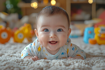 Sticker - A baby laughing while playing with colorful toys on a soft carpet, joy lighting up their face.