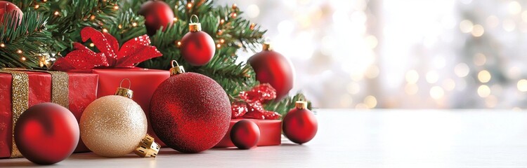 isolated white background of christmas decorations with tree branches and baubles