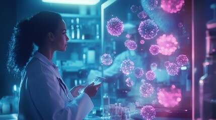 Poster - A scientist in a laboratory examines data on a digital interface displaying colorful virus models. The high-tech environment highlights advanced research methods and the importance of virology.