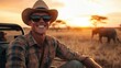 © 69 - A stylish man smiles during a safari adventure, surrounded by wildlife, capturing the joy of exploring nature