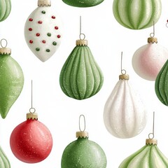 Wall Mural - Ingenious AI seamless pattern of Christmas ornaments and decoration, holiday Christmas tree baubles, tileable country style print for wallpaper, wrapping paper, scrapbook, fabric, and product design