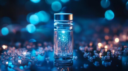 Aufkleber - A glass container holds glowing particles, emitting light in a dark setting. Surrounding the jar, blue shimmering lights create a magical atmosphere, enhancing the enchanting quality of the display.
