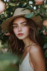 A young woman wearing a straw hat is surrounded by lush green leaves and flowers, capturing a sense of natural beauty.