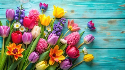 Wall Mural - Colorful Spring Flowers on Pastel Table Top for International Women's Day Greeting Card Flat Lay