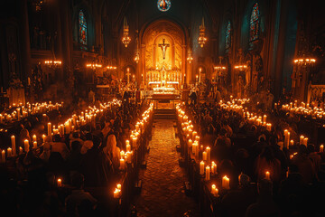 Poster - A solemn Mass being held inside a Catholic church, with candles lit in memory of those who have passed away.