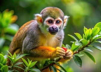 Wall Mural - Common squirrel monkey foraging in a tree, showcasing natural behavior in vibrant 4K UHD video