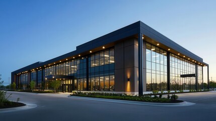 sleek and modern warehouse-turned-office building exterior. industrial elements softened by contemporary design. clean lines, large windows, and a mix of materials create visual interest.