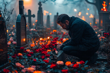 Wall Mural - a man kneeling beside a gravestone, placing flowers and offering prayers on a quiet evening during a