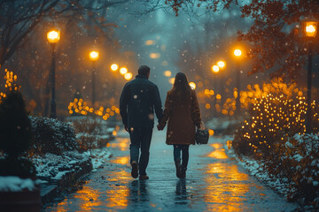 Poster - A couple holding hands, walking through a park, their faces lit with happiness and contentment.