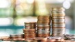 © crazyass - Stacked Coins with Blurred Office Background, symbolizing corporate investment, emphasizes financial growth, wealth accumulation, with ample space for text or messaging.