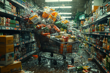 Wall Mural - a shopper with a cart piled so high with groceries that they can't see over the top, crashing into e