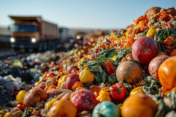 landfill site overflowing with vibrant mounds of food waste collected from urban areas during the af