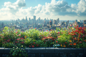 Canvas Print - A rooftop garden on a small apartment building with the city skyline in the distance and the Earth's outline drawn in the sky, connecting urban sustainability to global well-being.