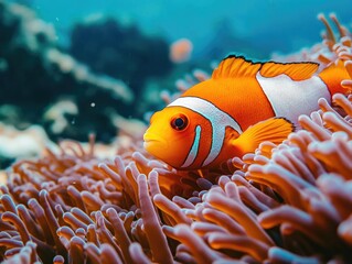 Wall Mural - Bright orange clownfish hiding among coral reefs. Tropical marine life in clear water.