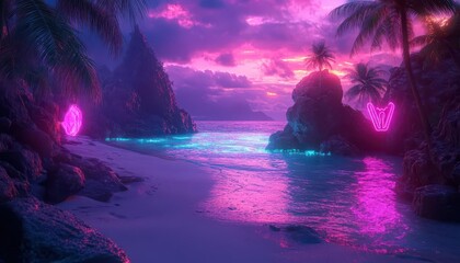 Canvas Print - Island beach exploration with glowing holographic navigation tools in a neon-lit resort  Futuristic  Neon  High Detail