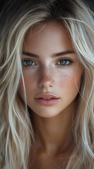 Wall Mural - Stunning Blonde Woman Portrait with Blue Eyes and Freckles