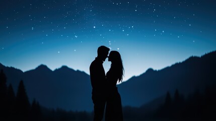 Wall Mural - Romantic silhouette of a couple under a starry night sky