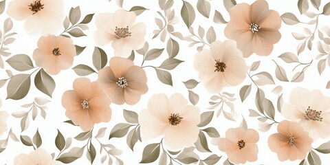 Wall Mural - Floral pattern featuring soft peach and cream flowers with leaves on a light background.