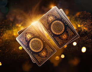 mystical tarot cards floating on the dark space with golden sparks and bokeh