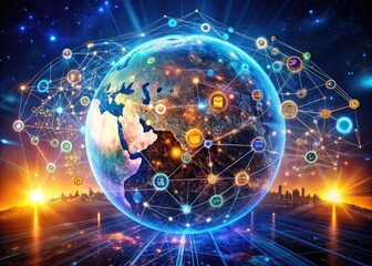 digital technology and ai in global internet network with big data, cybersecurity, and coding concep