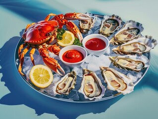 A vibrant and fresh seafood cocktail with lemon, shrimp, oysters and a dipping sauce.