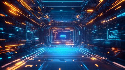 Aufkleber - A futuristic, neon-lit corridor with vibrant blue and orange lights, creating a high-tech, sci-fi atmosphere.