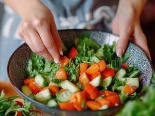 Poster - Person with gloves preparing fresh veggie salad in a bowl on table.