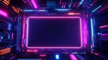 Aufkleber - A futuristic space featuring vibrant pink and blue neon lights, framed by digital elements, creating a high-tech ambiance.
