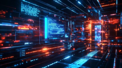 Leinwandbilder - A vibrant, futuristic digital landscape showcasing glowing lines of code and data, set in a high-tech environment.