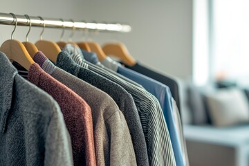 A collection of neatly hung shirts on a clothing rack in a modern setting.